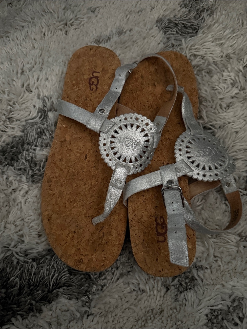 UGG Metallic Silver Cork Footbed Thong Sandals